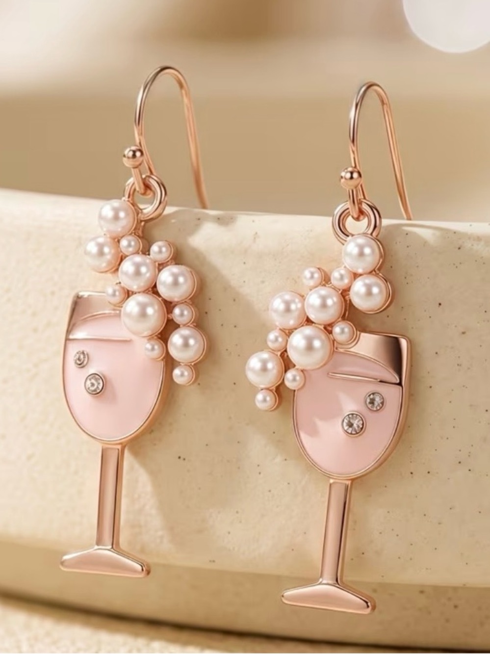 🥂 Pink Cocktail Glass Pearl Bubble Dangle Earrings